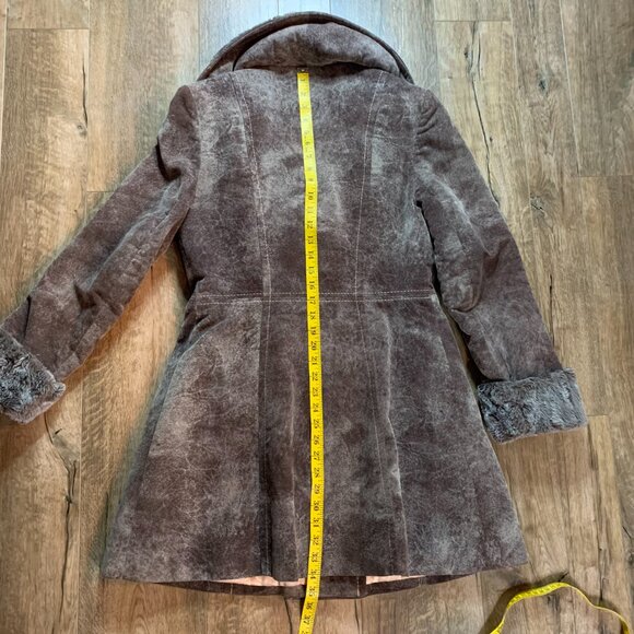 Vintage Penny Lane Pea Coat Faux Suede Fur Trim Double Breasted Overcoat - Picture 16 of 16